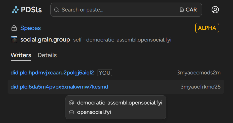 Writers tab for the social.grain.group space