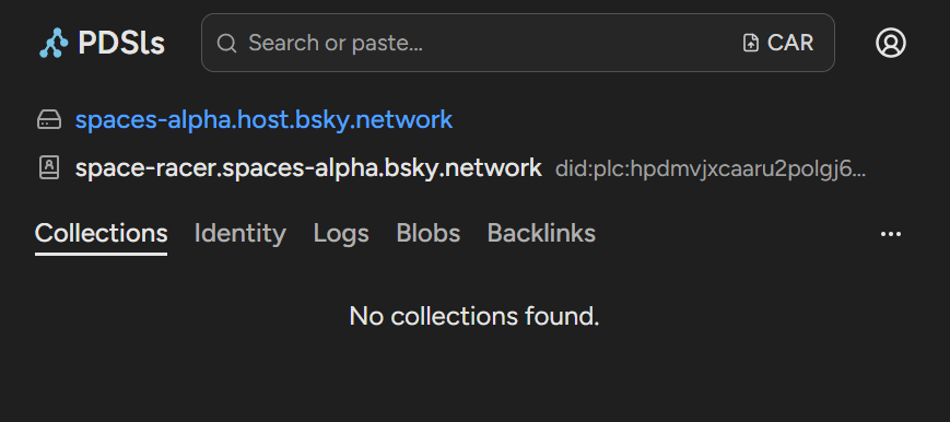pdsls view of my space-racer account, logged out