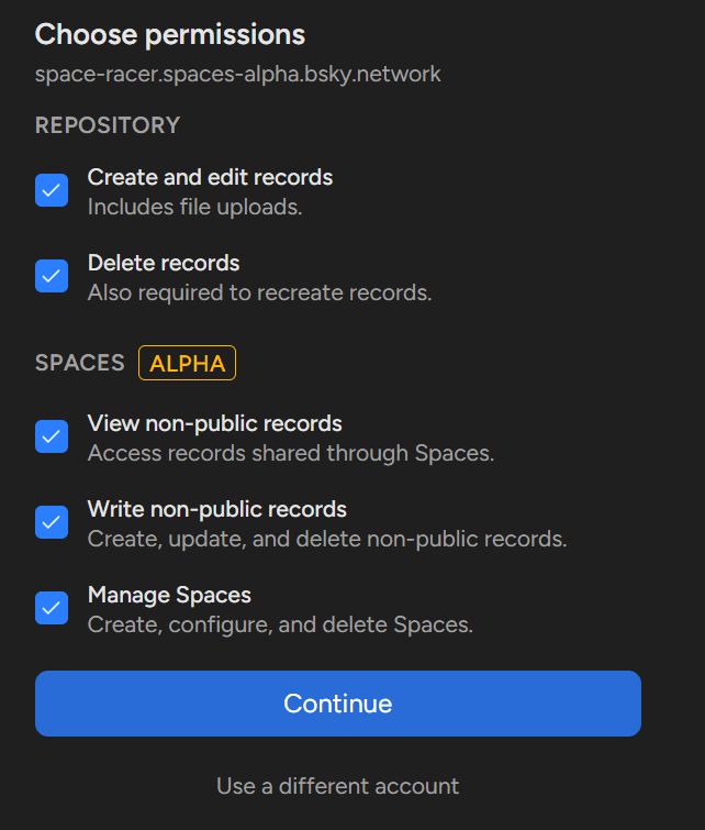 pdsls auth prompt with Spaces access option