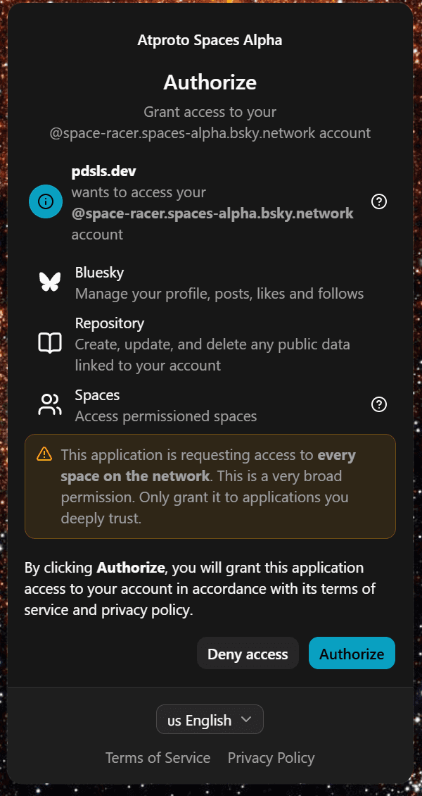 OAuth page served by the PDS hosting the demo account