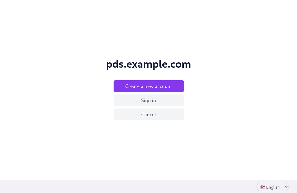Web interface for pds.example.com, with buttons Create a new account, Sign in, and Cancel. There is a language-selection drop-down menu in the lower right corner.