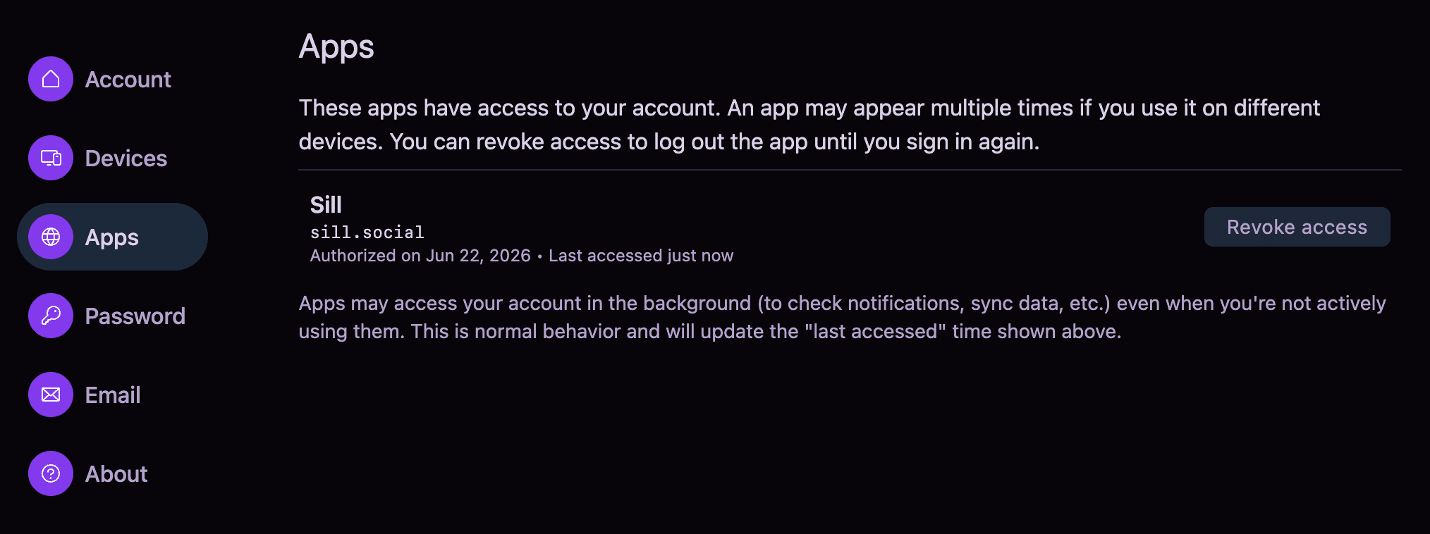 Account management interface showing a list of connected apps, each with a Revoke access button.