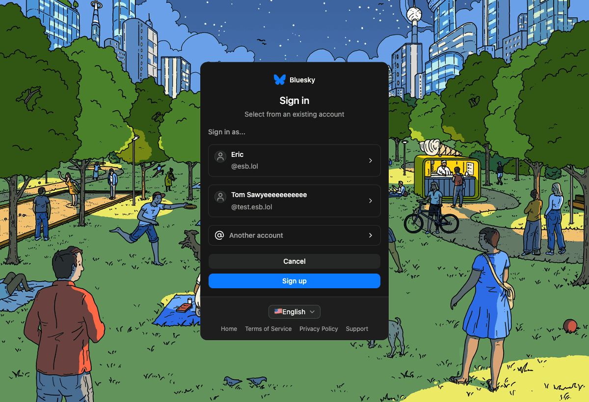 PDS account picker card centered over an illustrated park scene, in dark mode.