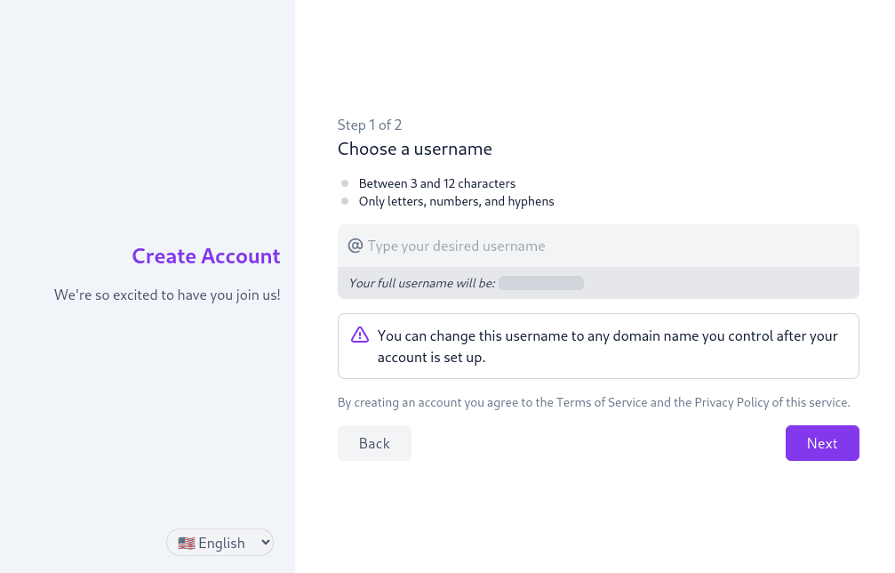 Create Account web interface, prompting user to Choose a username as Step 1 of 2