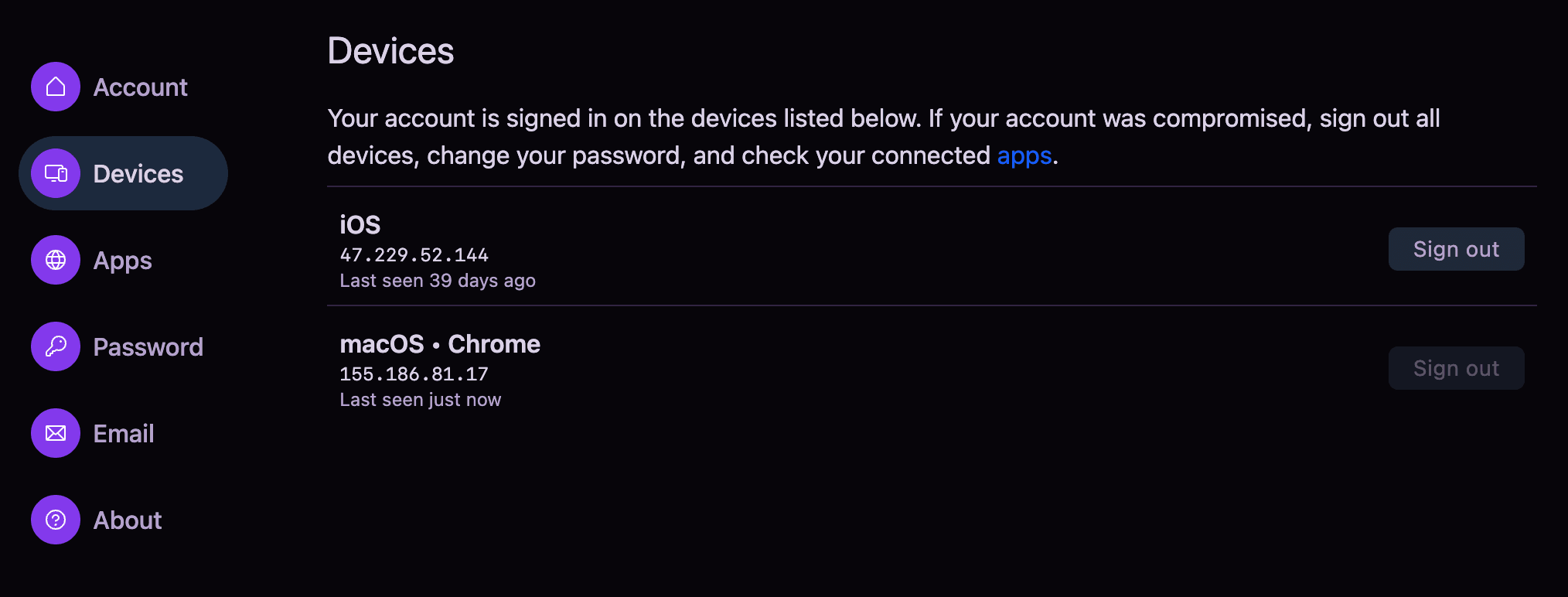 Account management interface showing a list of signed-in devices, each with a Sign Out button.