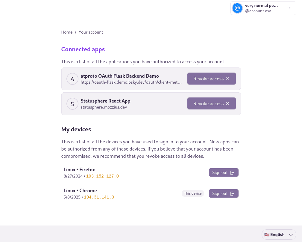 Web interface for Your Account. Shows a list of Connected apps (Statusphere React App and OAuth Flask Backend Demo), with Revoke access buttons for each. Also has a list of My Devices, showing Linux \- Firefox and Linux \- Chrome, the latter indicated as This device, both with Sign Out buttons.