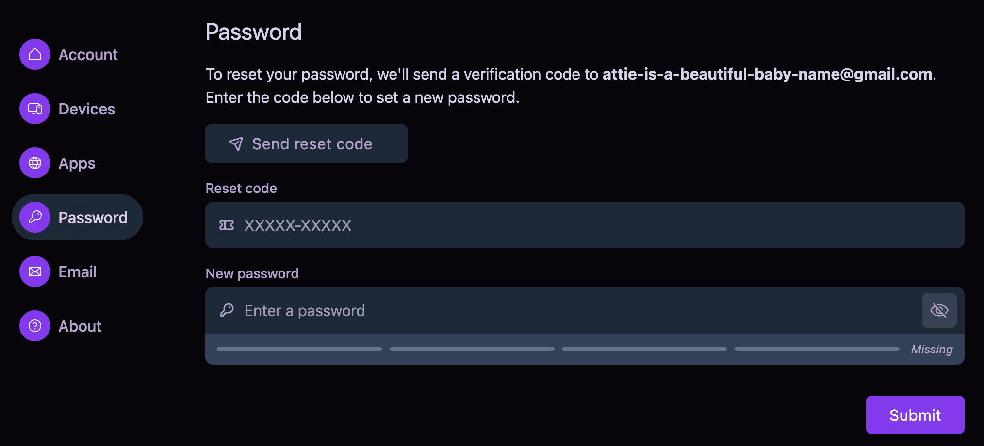 Account management interface showing a change-password form.