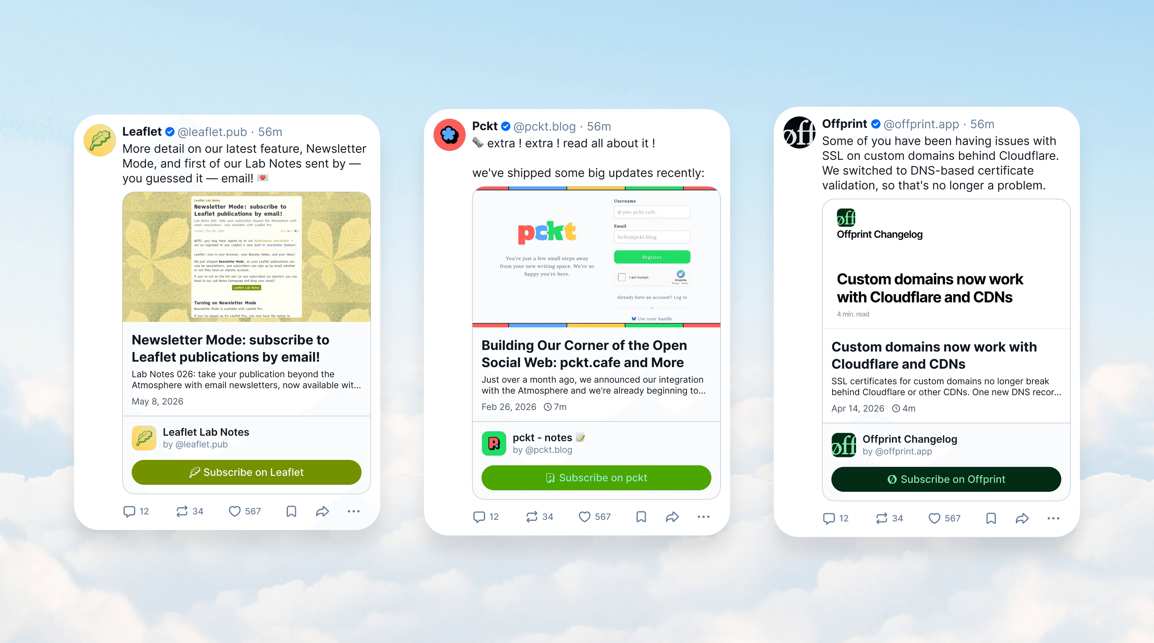 Screenshot of the Bluesky app with the new enhanced Standard.site preview, showcasing posts from Leaflet, pckt.blog, and Offprint